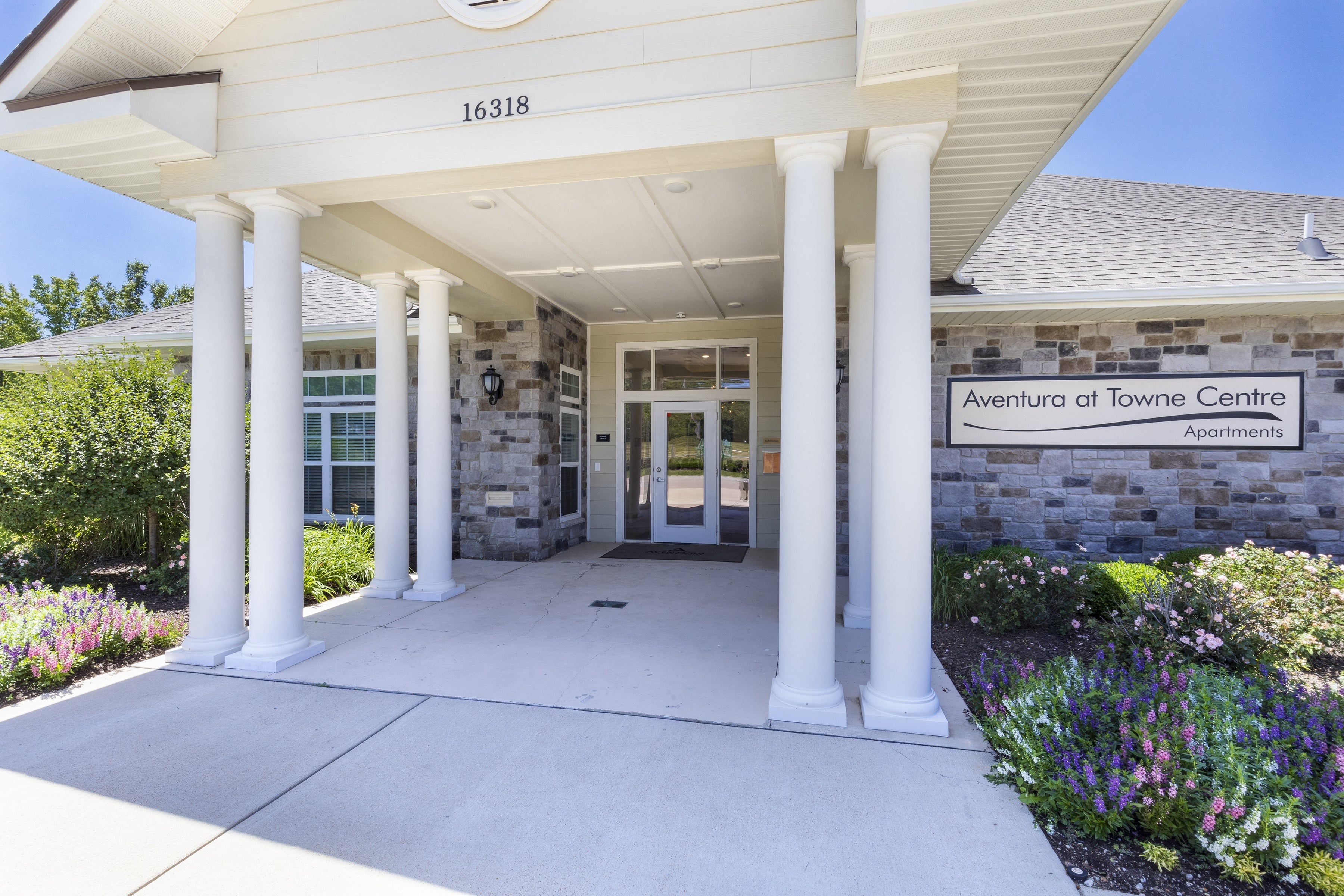 the front entrance of the administration of tower centre building at Aventura at Towne Centre, Ellisville, MO, 63011